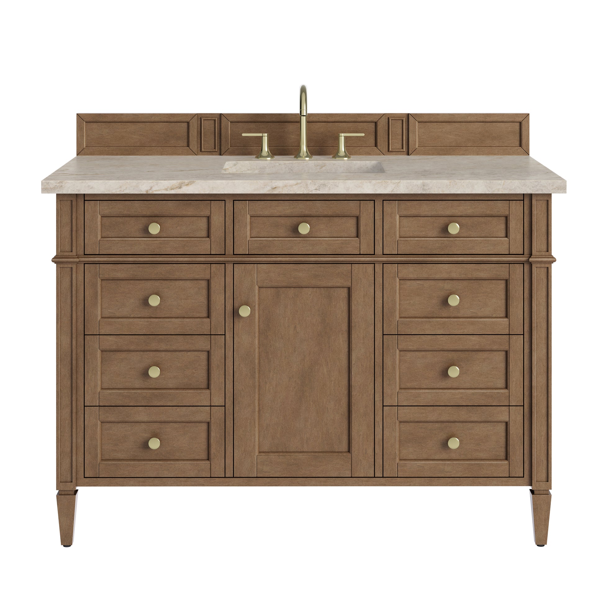 Renovate for Less Atlanta Brittany 48" Single Vanity, Pecan w/ 3 CM Tajnar Eclos Top w/FreePower Wireless Charger