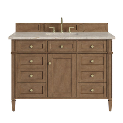 Renovate for Less Atlanta Brittany 48" Single Vanity, Pecan w/ 3 CM Tajnar Eclos Top w/FreePower Wireless Charger