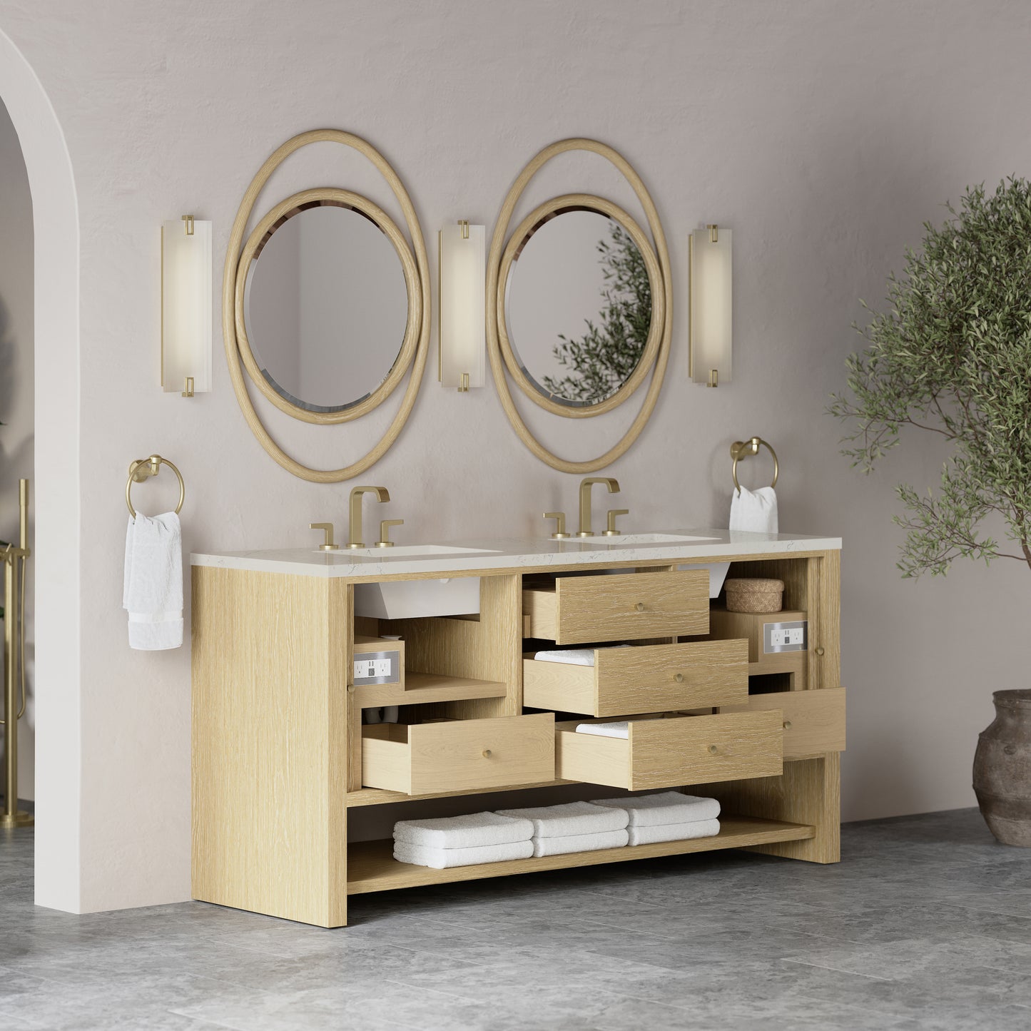 Renovate for Less Atlanta Marigot 72" Double Vanity, Sunwashed Oak, w/ 3 CM Siberian Silestone Top
