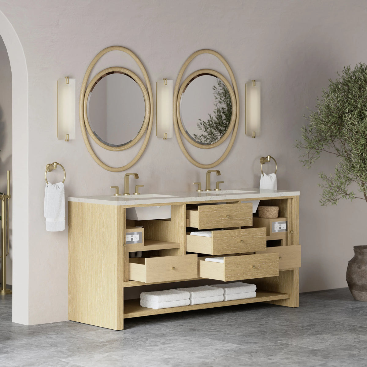 Marigot 72" Double Vanity, Sunwashed Oak, w/ 3 CM Siberian Silestone Top