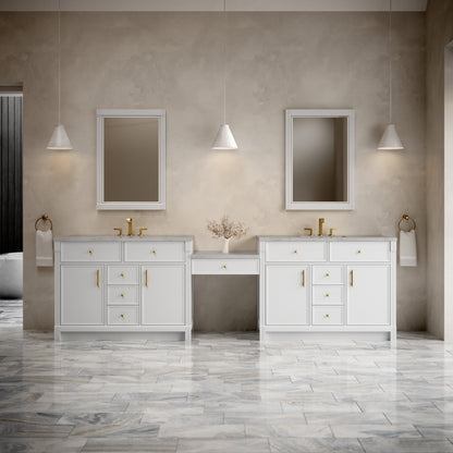Renovate for Less Atlanta Bellshire 120" Dual Vanity Set with 24" Make-Up Counter, Bright White w/3 cm Victorian Silver Silestone Top