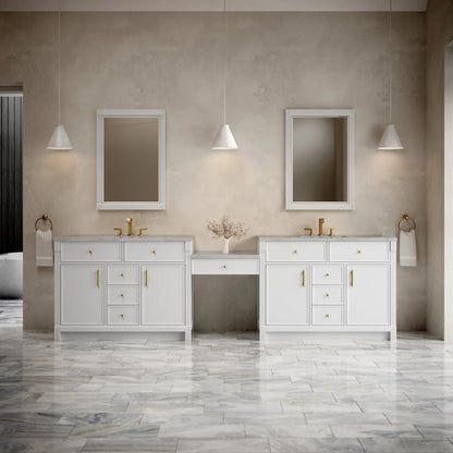 Bellshire 120" Dual Vanity Set with 24" Make-Up Counter, Bright White w/3 cm Victorian Silver Silestone Top w/FreePower Wireless Charger