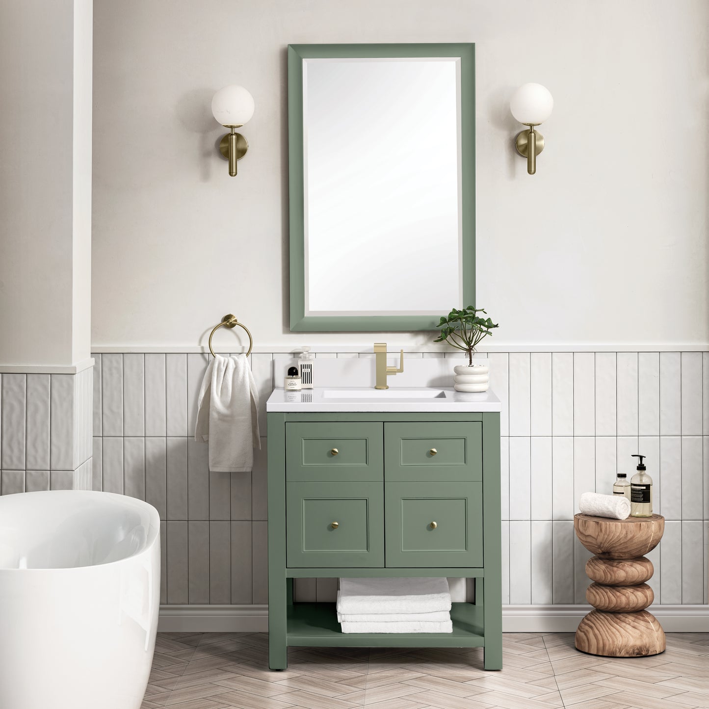Renovate for Less Atlanta Breckenridge 30" Single Vanity, Smokey Celadon w/ Single Hole 3 CM White Zeus Top & Backsplash