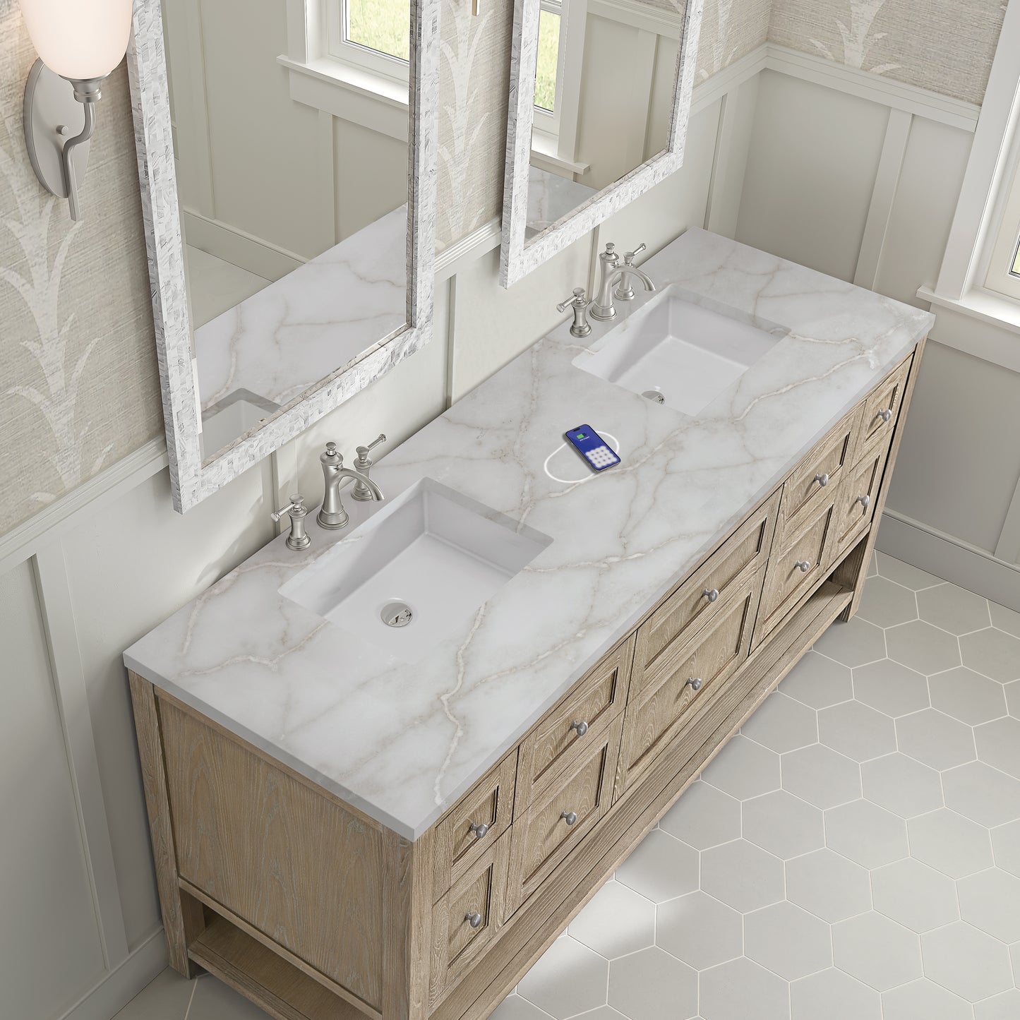 Renovate for Less Atlanta Breckenridge 72" Double Vanity, Whitewashed Oak w/ 3 CM Victorian Silver Silestone Top w/FreePower Wireless Charger