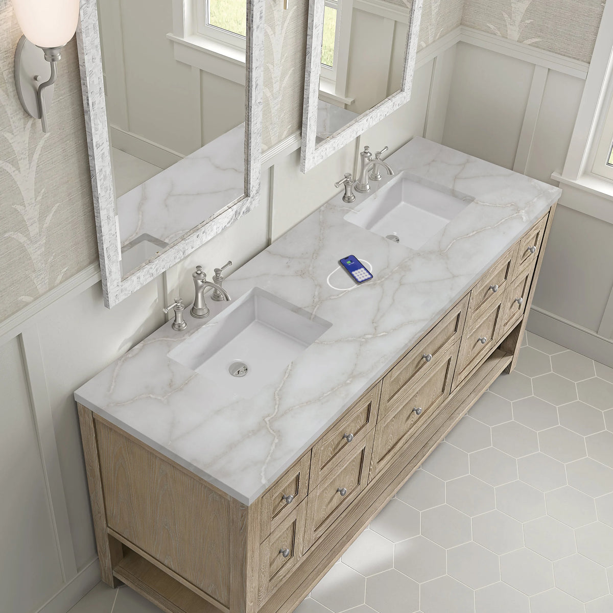 Breckenridge 72" Double Vanity, Whitewashed Oak w/ 3 CM Victorian Silver Silestone Top w/FreePower Wireless Charger