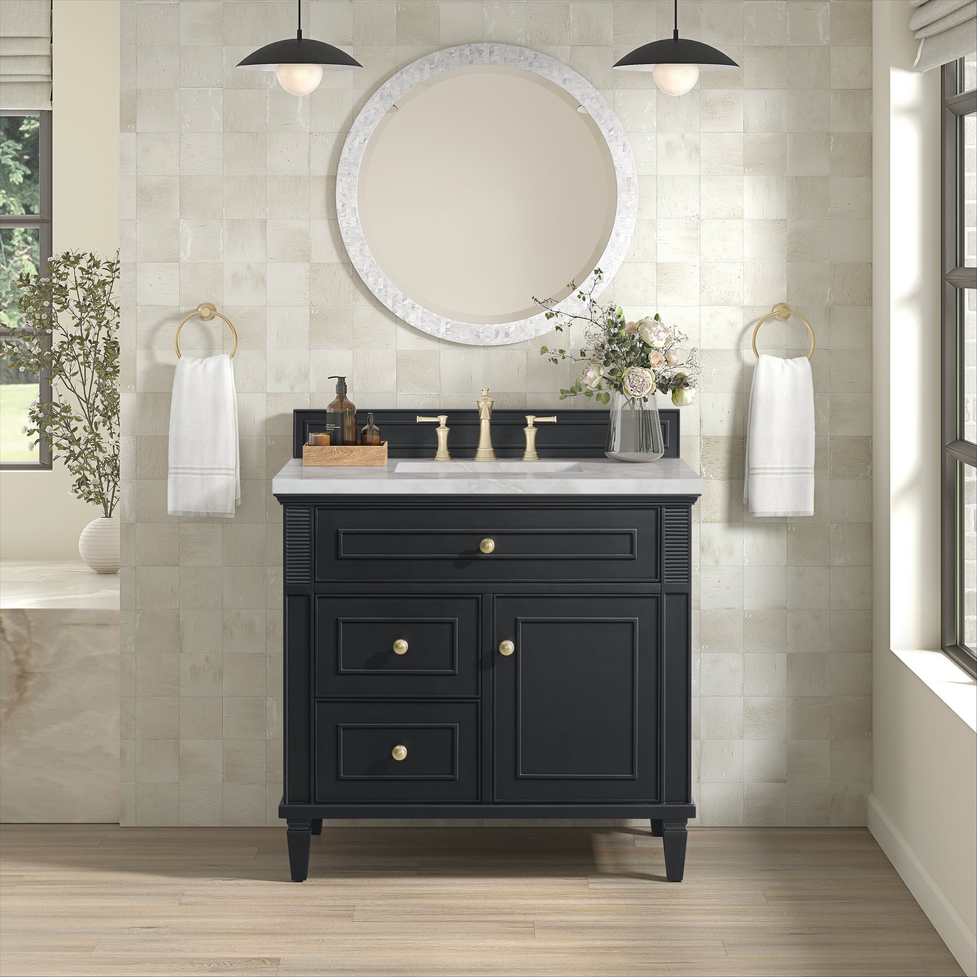 Renovate for Less Atlanta Lorelai 36" Single Vanity, Black Onyx w/ 3 CM Victorian Silver Silestone Top