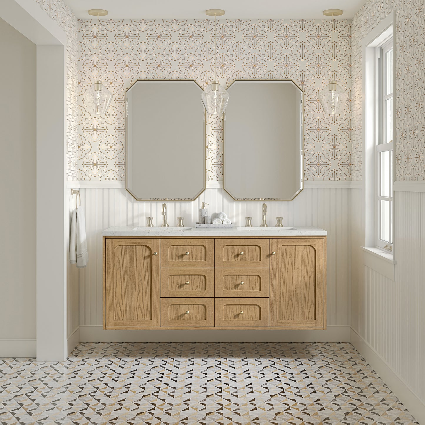 Renovate for Less Atlanta Laurent 60" Double Vanity, Light Natural Oak, w/ 3 CM Lime Delight Quartz Top