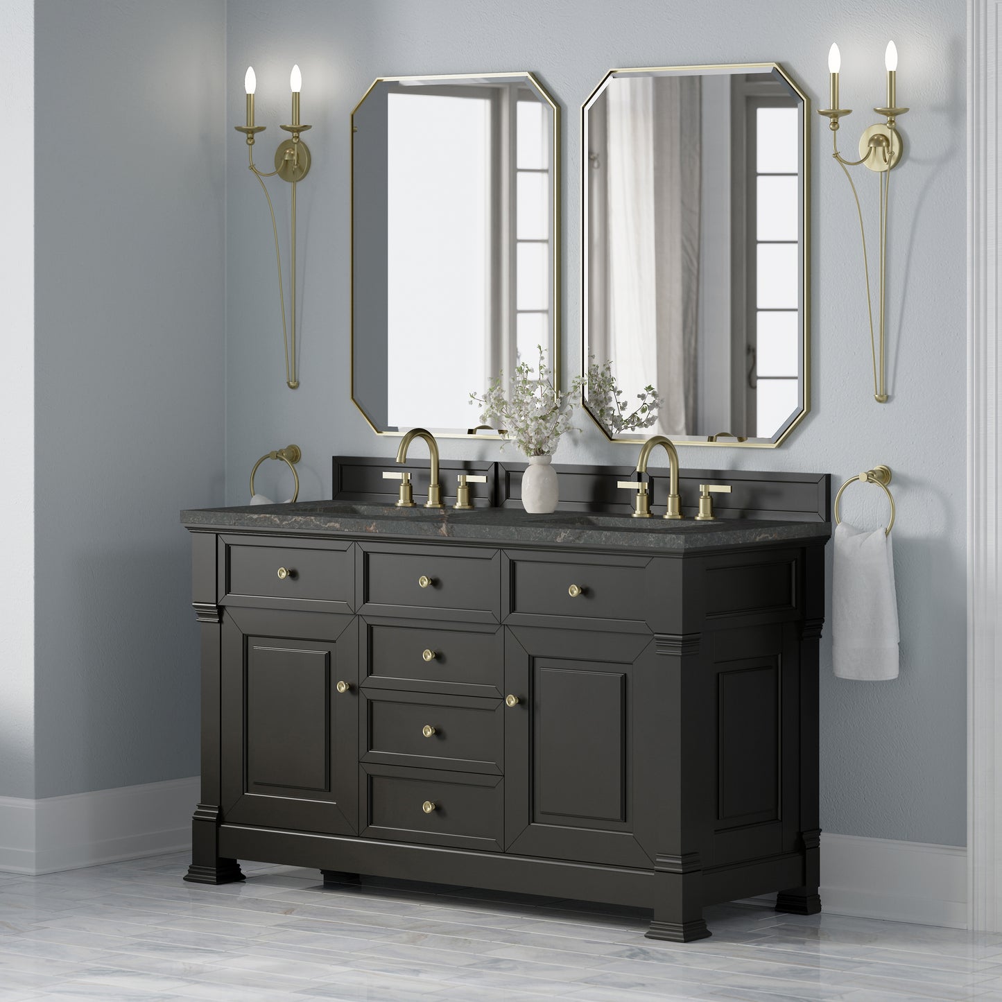 Renovate for Less Atlanta Brookfield 60" Double Vanity, Black Onyx w/ 3 CM Parisien Bleu Silestone Top w/FreePower Wireless Charger