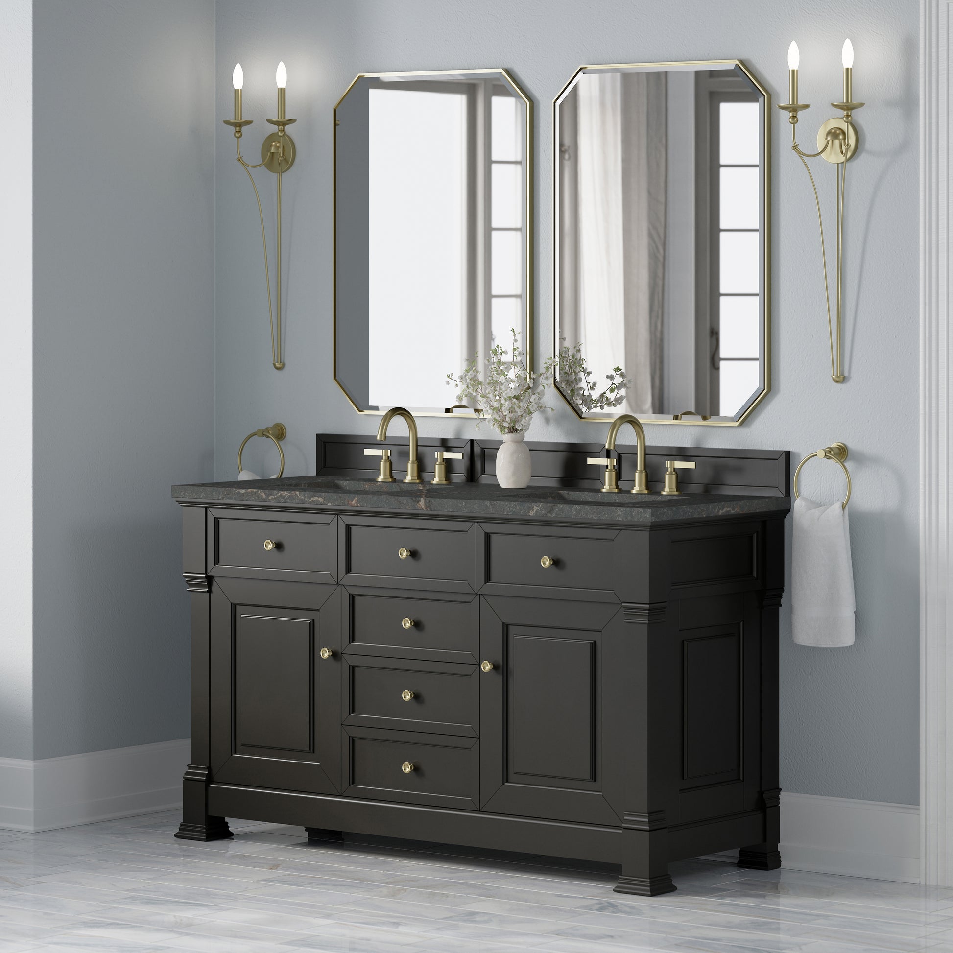 Renovate for Less Atlanta Brookfield 60" Double Vanity, Black Onyx w/ 3 CM Parisien Bleu Silestone Top w/FreePower Wireless Charger