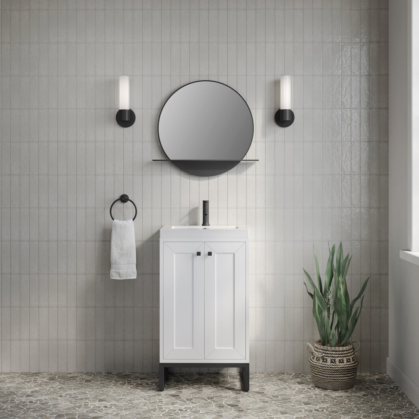 Renovate for Less Atlanta Chianti 20" Single Vanity, Glossy White, Matte Black, w/ White Glossy Composite Stone Top
