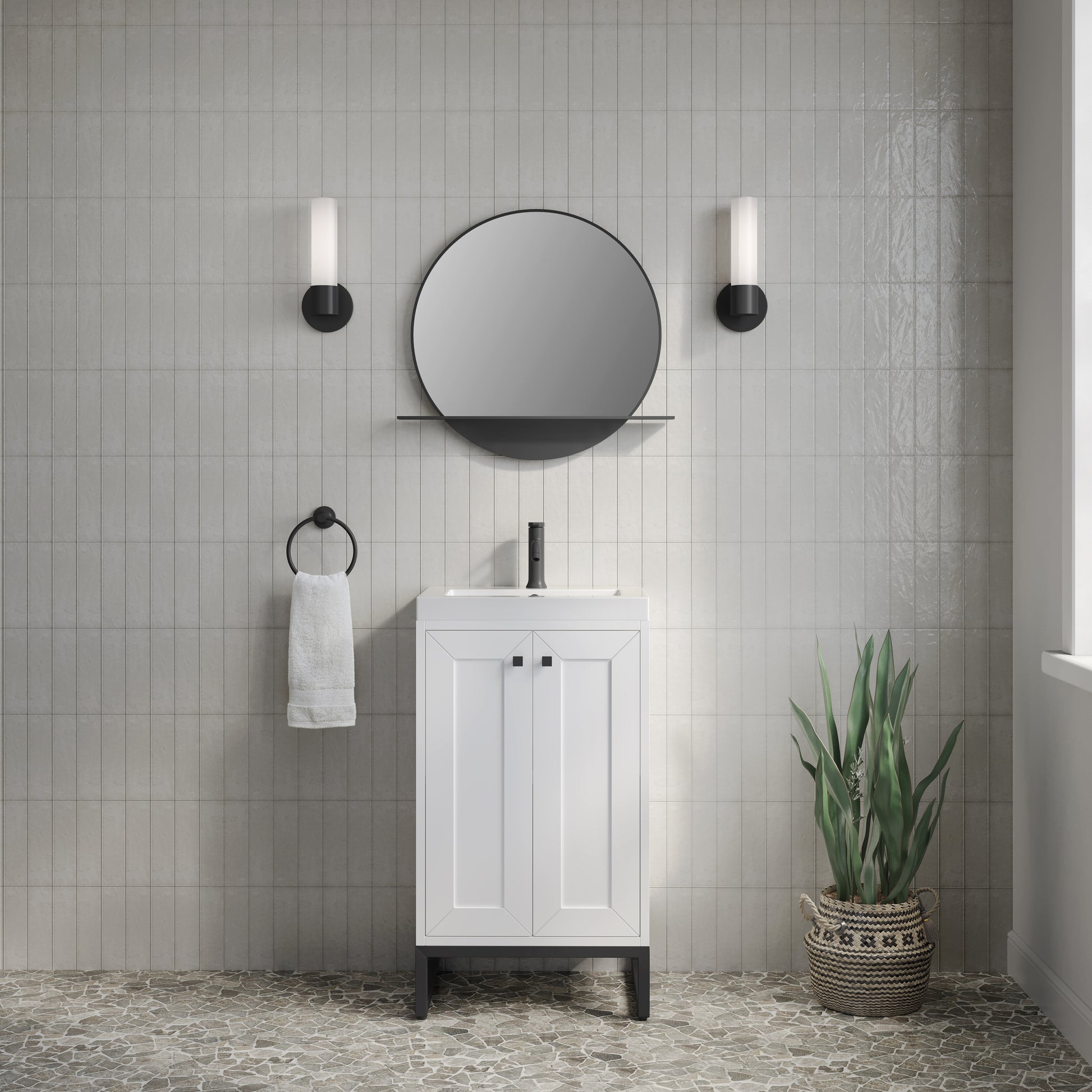 Renovate for Less Atlanta Chianti 20" Single Vanity, Glossy White, Matte Black, w/ White Glossy Composite Stone Top