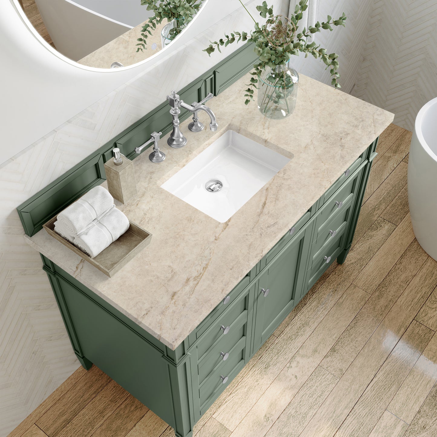 Renovate for Less Atlanta Brittany 48" Single Vanity, Smokey Celadon, w/ 3 CM Tajnar Eclos Top