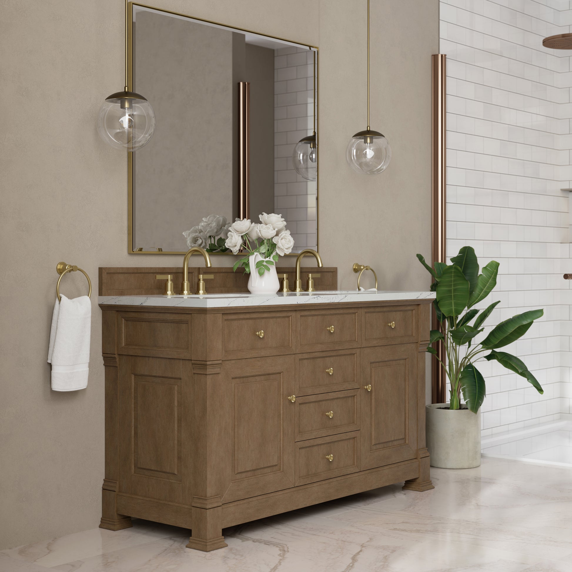 Renovate for Less Atlanta Brookfield 60" Double Vanity, Pecan w/ 3 CM Ethereal Noctis Silestone  Top