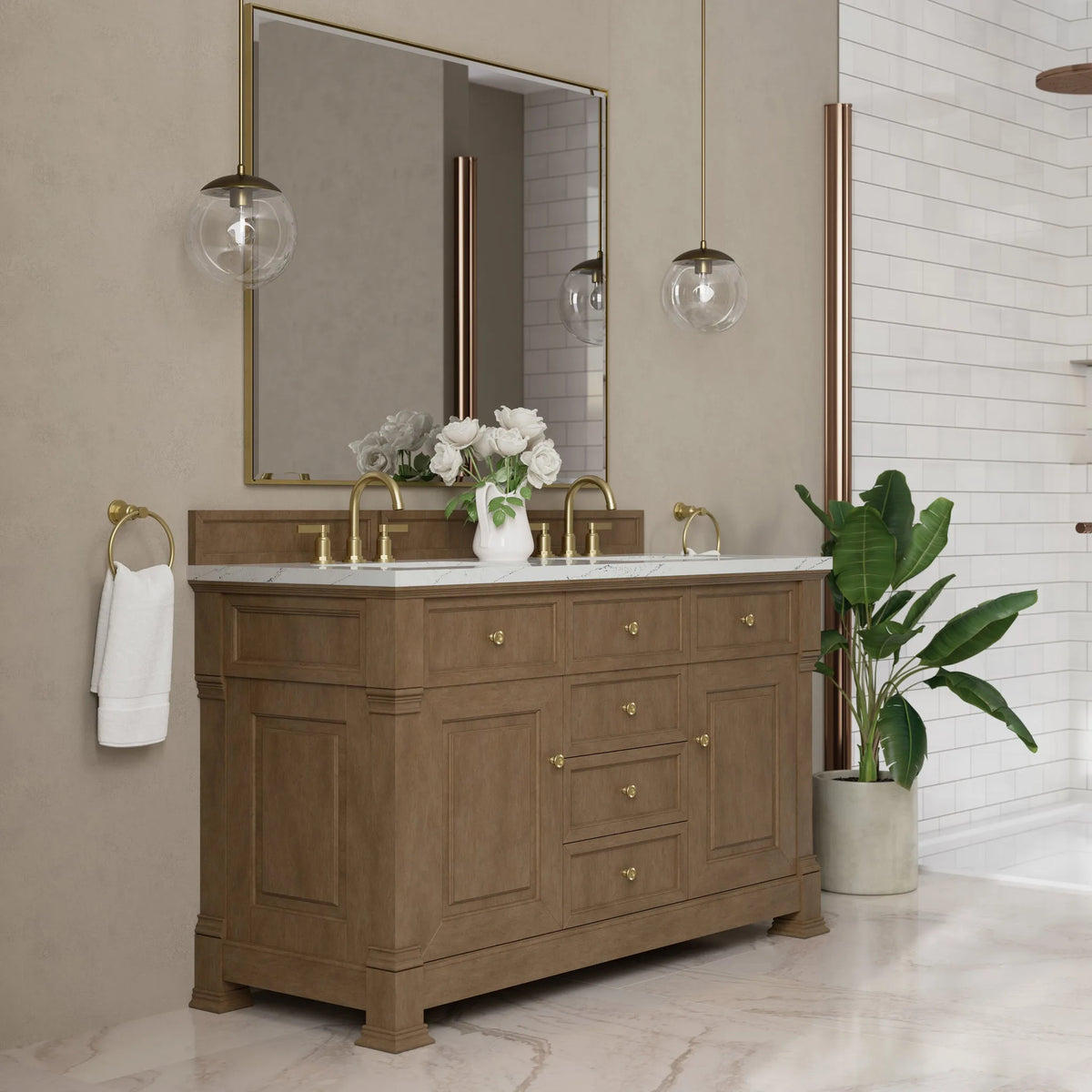 Brookfield 60" Double Vanity, Pecan w/ 3 CM Ethereal Noctis Silestone  Top