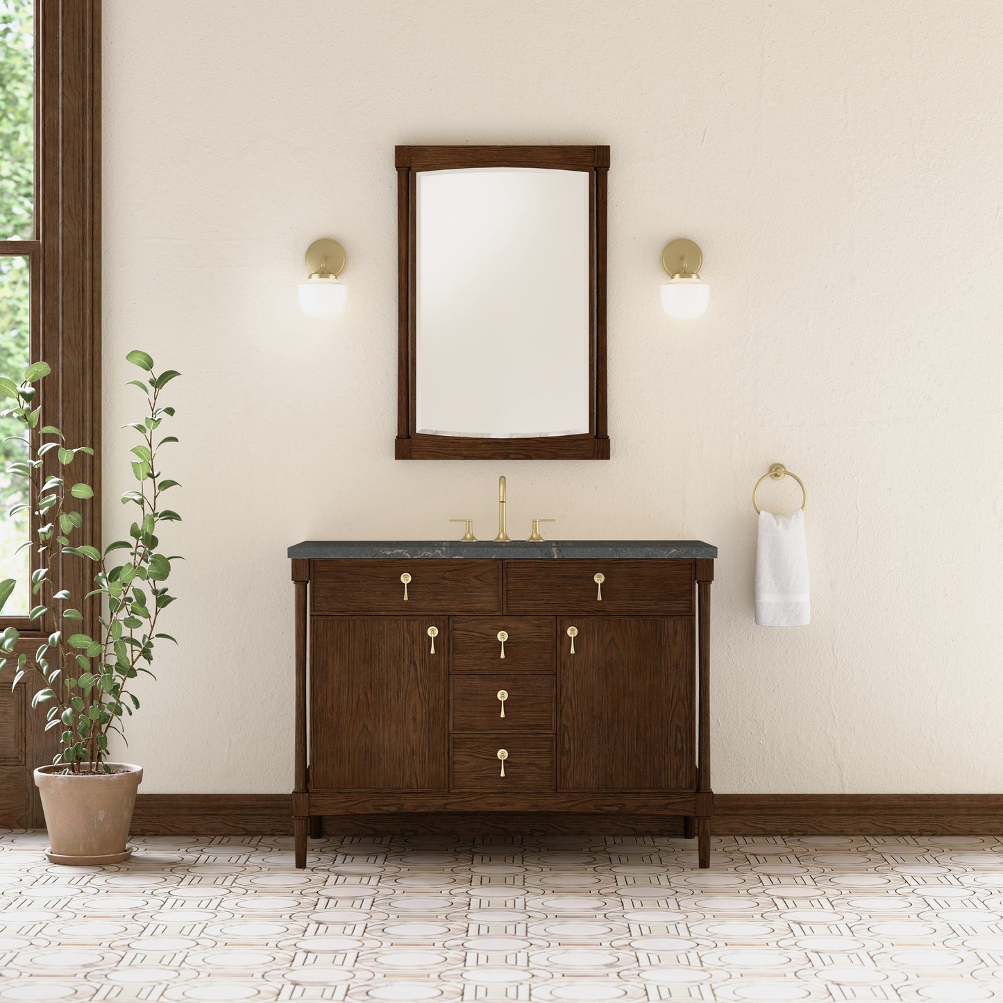 Renovate for Less Atlanta Kinnsden 48" Single Vanity, Sable Oak w/ 3 CM Parisien Bleu Silestone Top