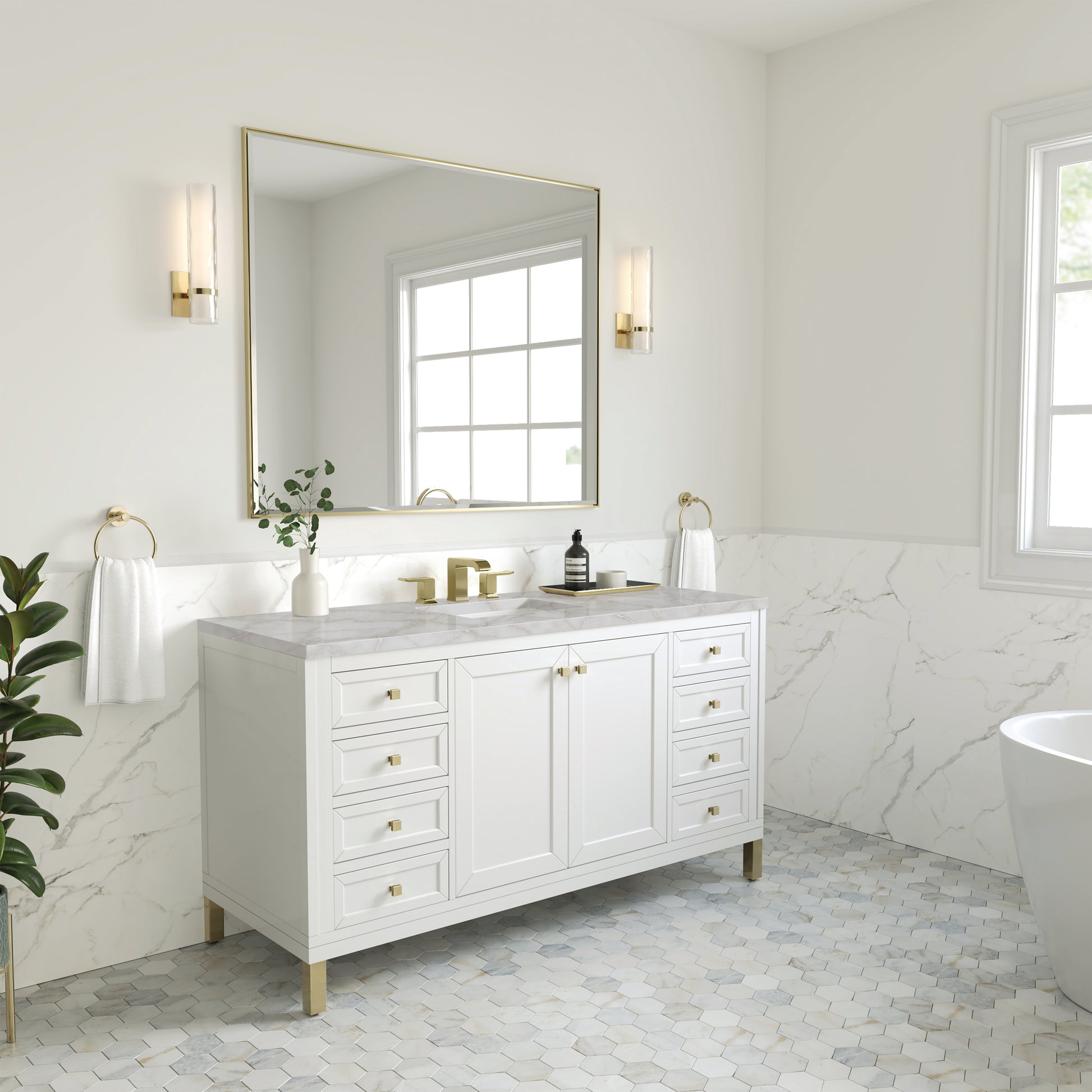 Renovate for Less Atlanta Chicago 60" Single Vanity, Glossy White, w/ 3 CM Victorian Silver Silestone® Top