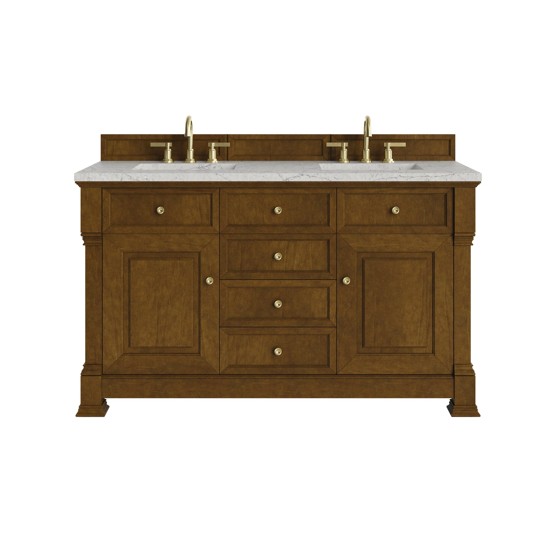Renovate for Less Atlanta Brookfield 60" Double Vanity, Honey Oak w/ 3 CM Eternal Jasmine Pearl Silestone Top
