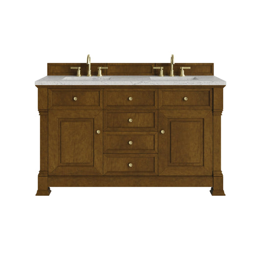 Brookfield 60" Double Vanity, Honey Oak w/ 3 CM Eternal Jasmine Pearl Silestone Top