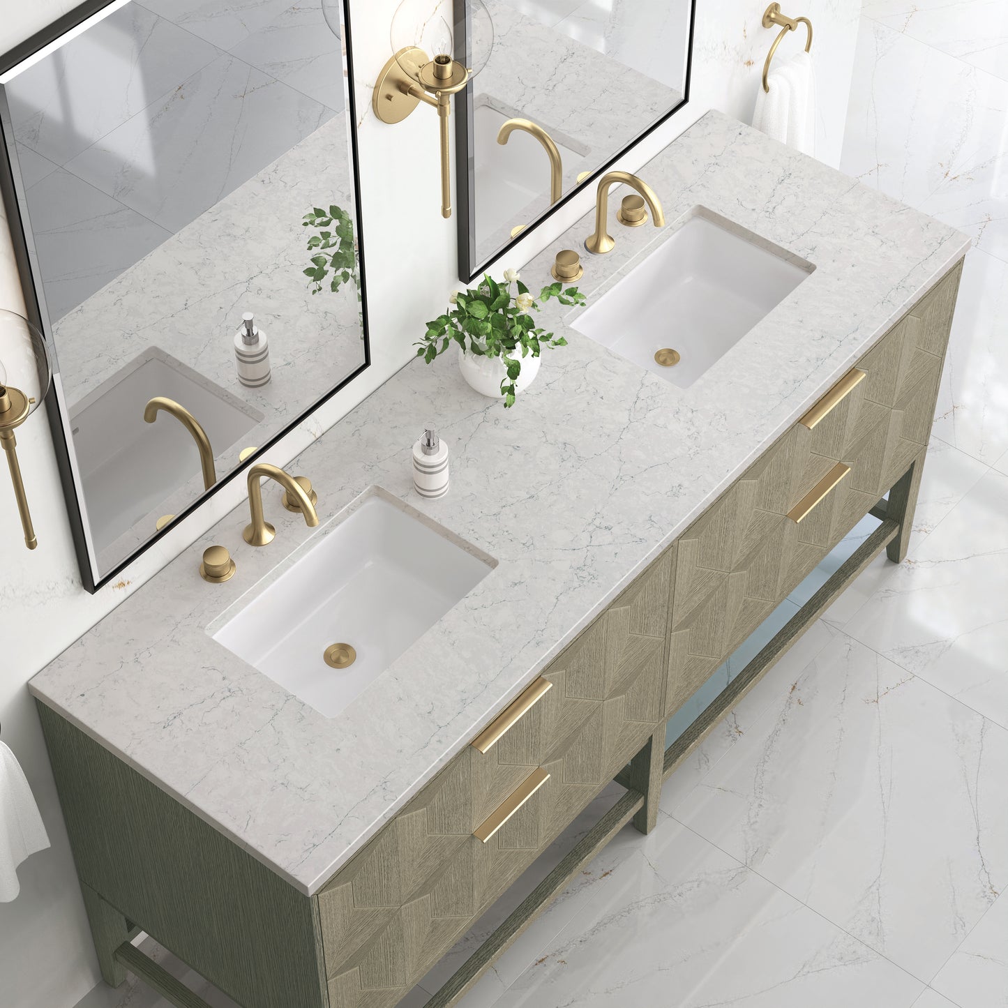Renovate for Less Atlanta Emmeline 72" Double Vanity, Pebble Oak w/ 3 CM Eternal Jasmine Pearl Top