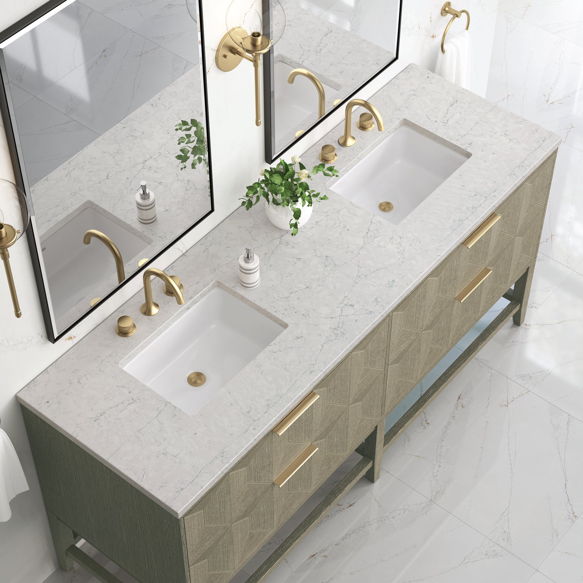 Renovate for Less Atlanta Emmeline 72" Double Vanity, Pebble Oak w/ 3 CM Eternal Jasmine Pearl Top