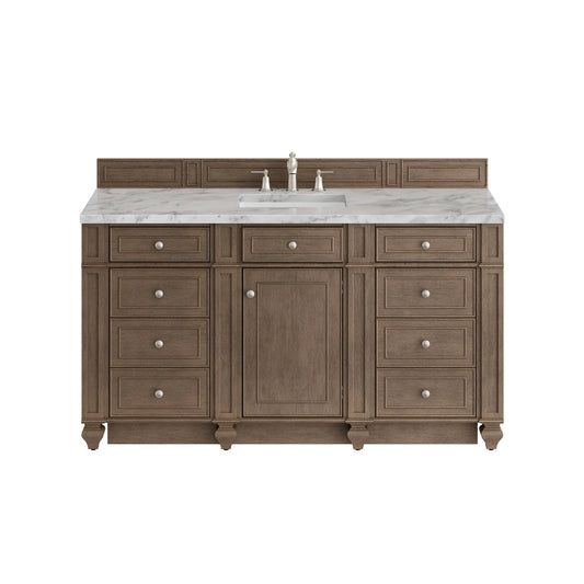 Bristol 60" Single Vanity, Whitewashed Walnut w/ 3 CM Carrara Marble Top