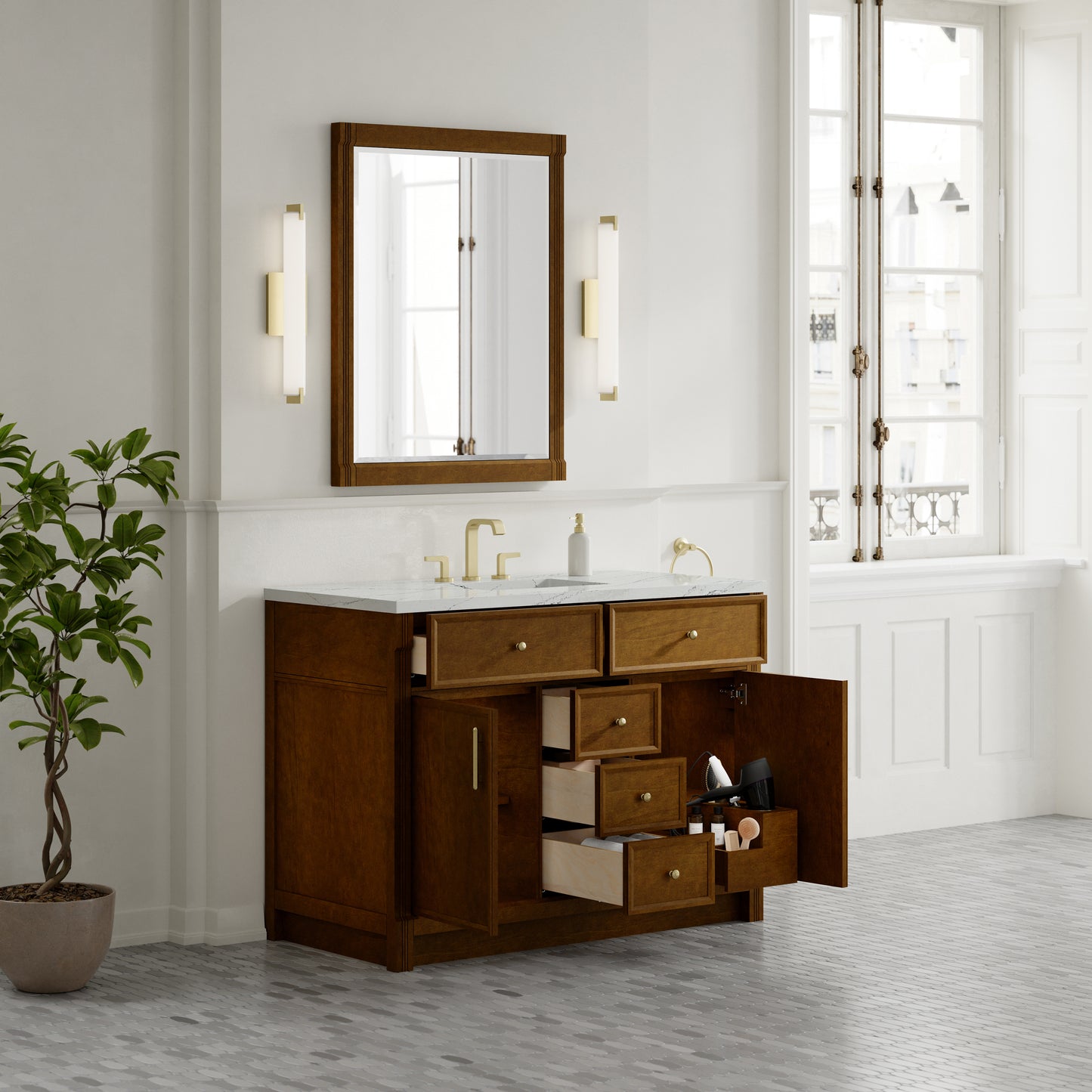 Renovate for Less Atlanta Bellshire 48" Single Vanity, Honey Oak w/ 3 CM Ethereal Noctis Silestone Top