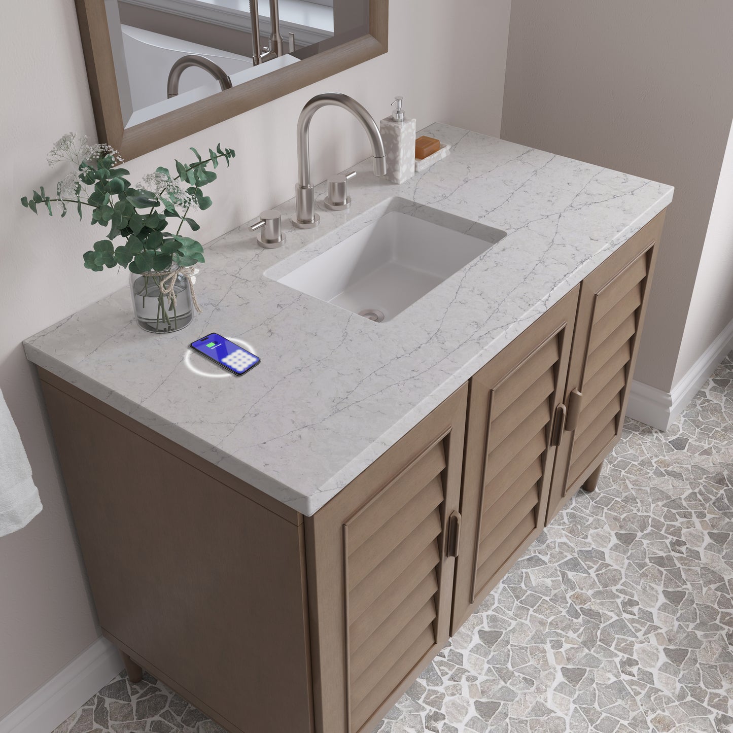 Renovate for Less Atlanta Portland 48" Single Vanity Whitewashed Walnut w/ 3 CM Eternal Jasmine Pearl Silestone Top w/FreePower Wireless Charger