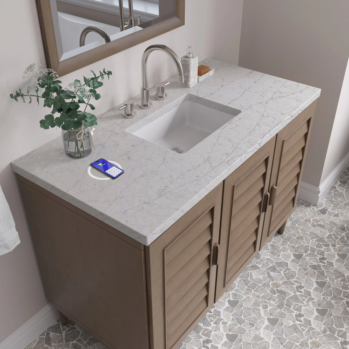 Portland 48" Single Vanity Whitewashed Walnut w/ 3 CM Eternal Jasmine Pearl Silestone Top w/FreePower Wireless Charger