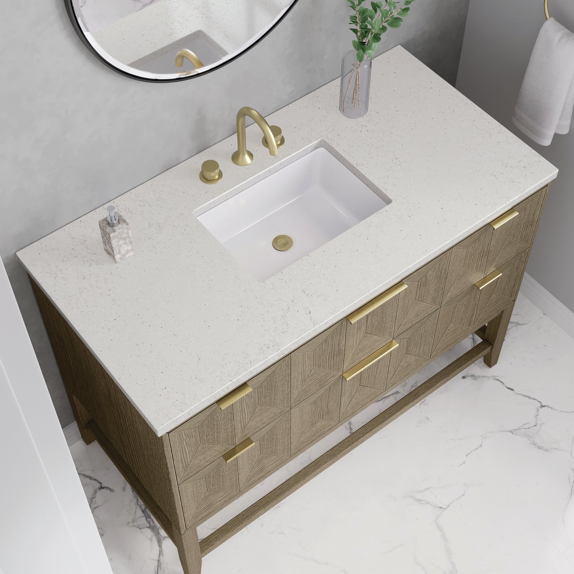 Renovate for Less Atlanta Emmeline 48" Single Vanity, Pebble Oak w/ 3 CM Lime Delight Silestone Top