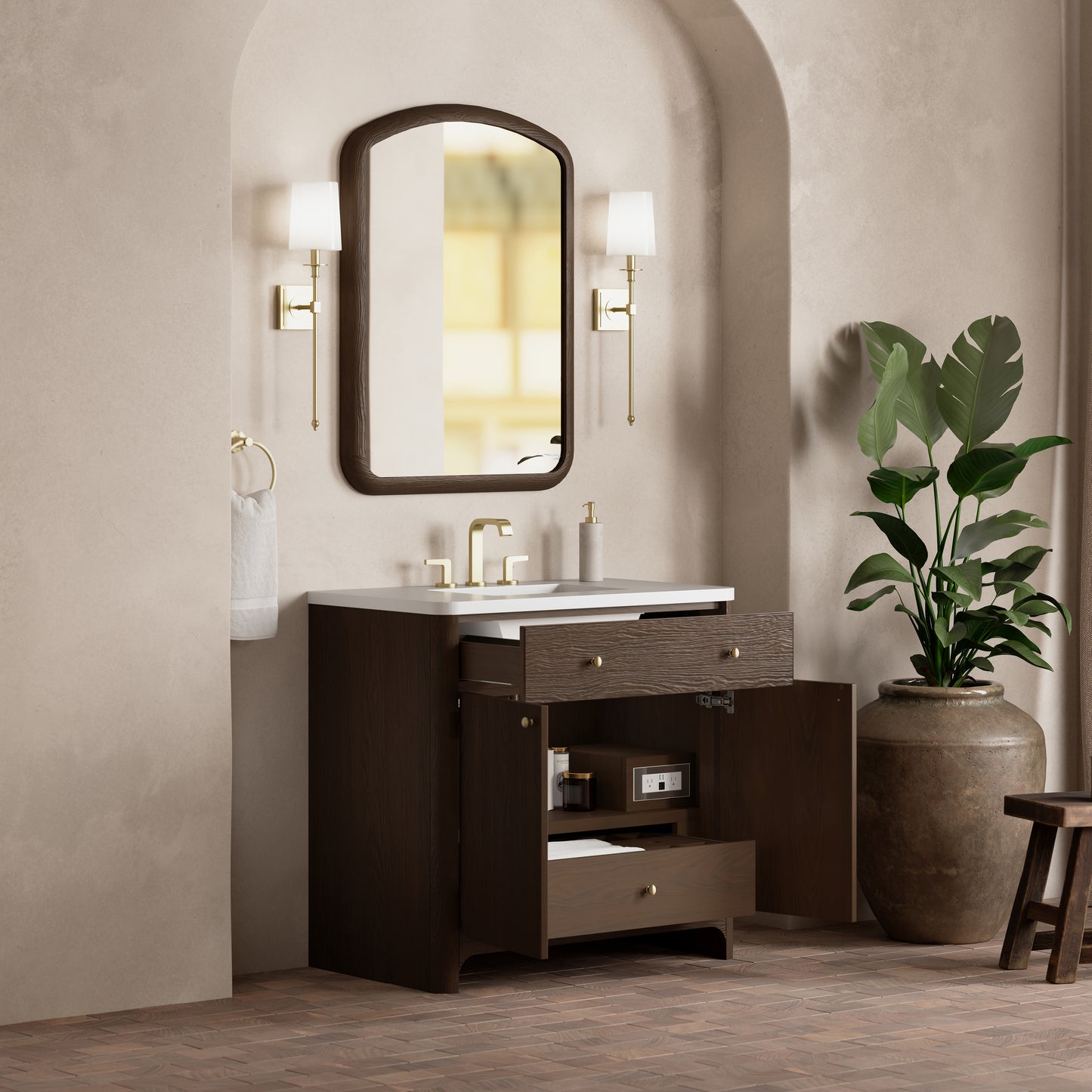 Renovate for Less Atlanta Gracyn 36" Single Vanity, Sable, w/ 3 CM White Zeus Quartz Widespread Top