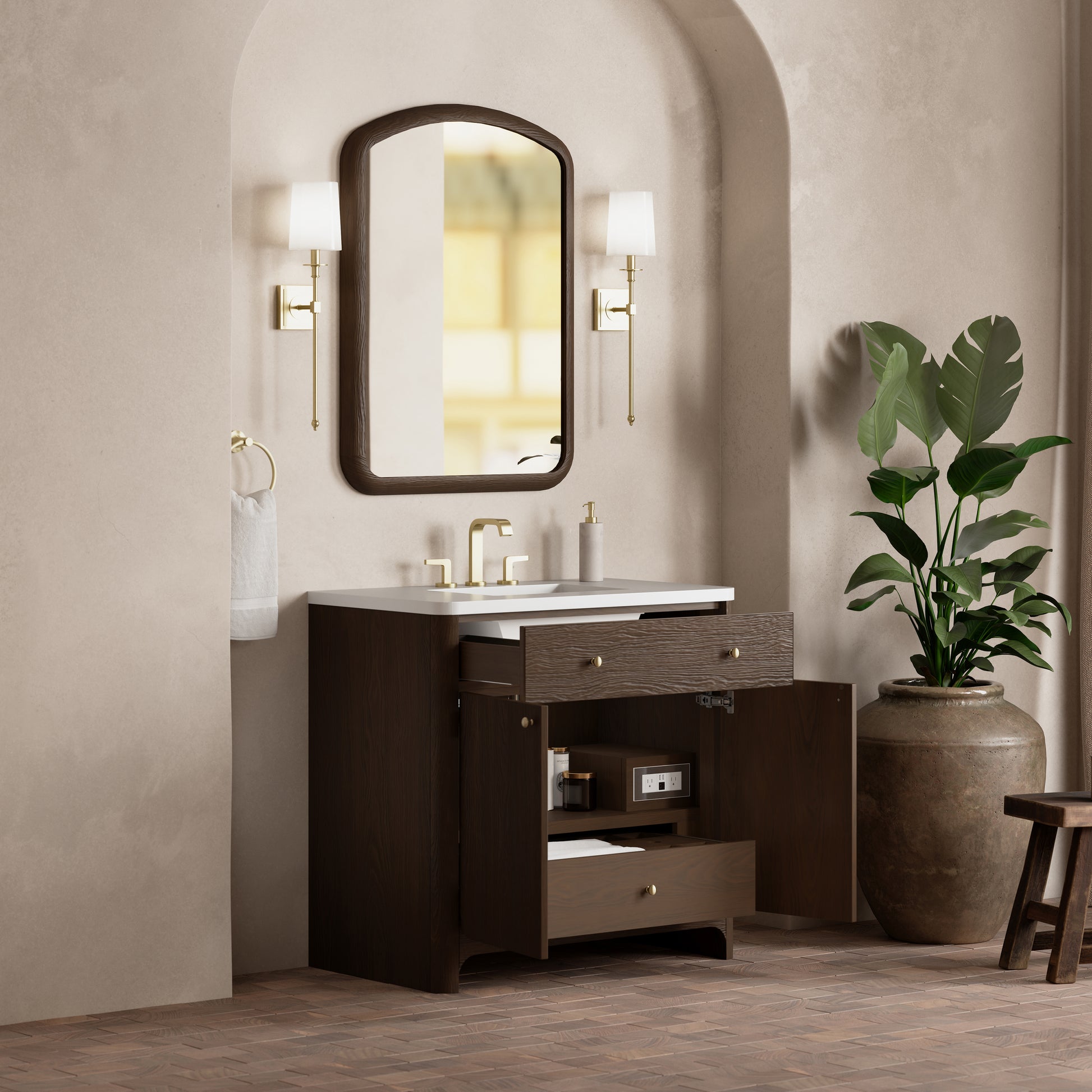 Renovate for Less Atlanta Gracyn 36" Single Vanity, Sable, w/ 3 CM White Zeus Quartz Widespread Top