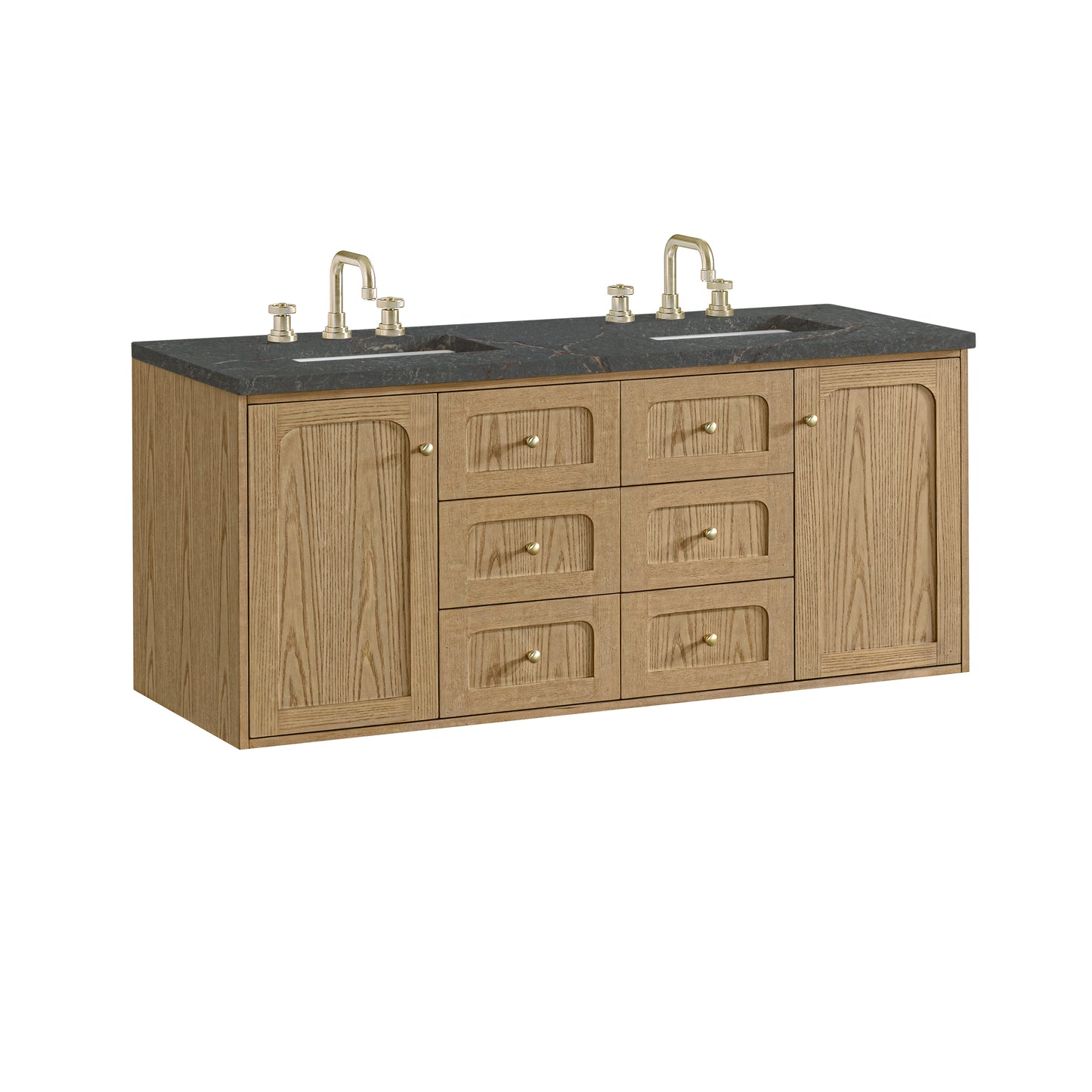 Renovate for Less Atlanta Laurent 60" Double Vanity, Light Natural Oak, w/ 3 CM Parisien Bleu Quartz Top w/FreePower Wireless Charger