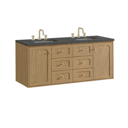 Renovate for Less Atlanta Laurent 60" Double Vanity, Light Natural Oak, w/ 3 CM Parisien Bleu Quartz Top w/FreePower Wireless Charger