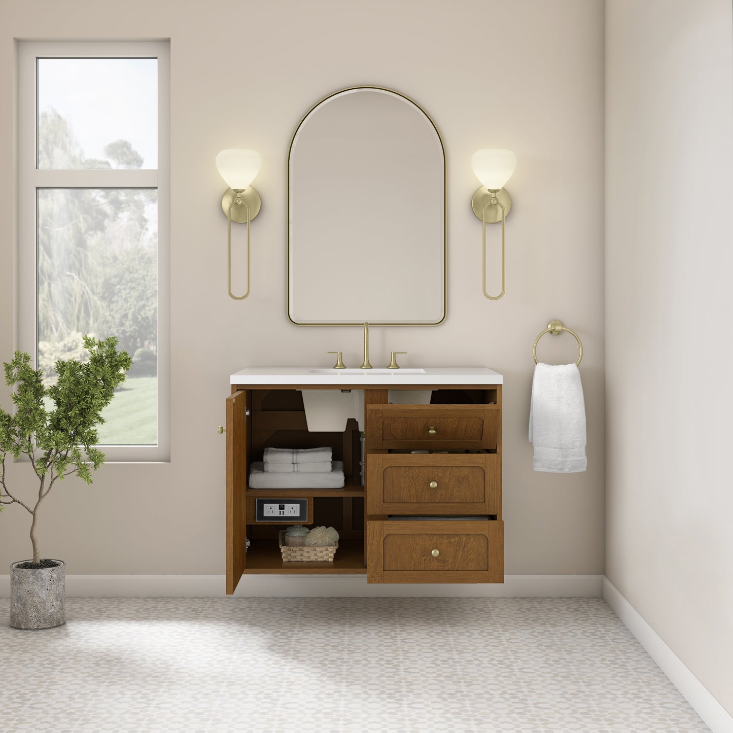 Renovate for Less Atlanta Laurent 36" Single Vanity, Honey Oak w/ 3 CM White Zeus Silestone Top