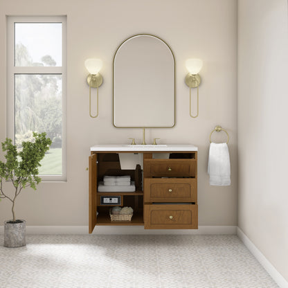 Renovate for Less Atlanta Laurent 36" Single Vanity, Honey Oak w/ 3 CM White Zeus Silestone Top