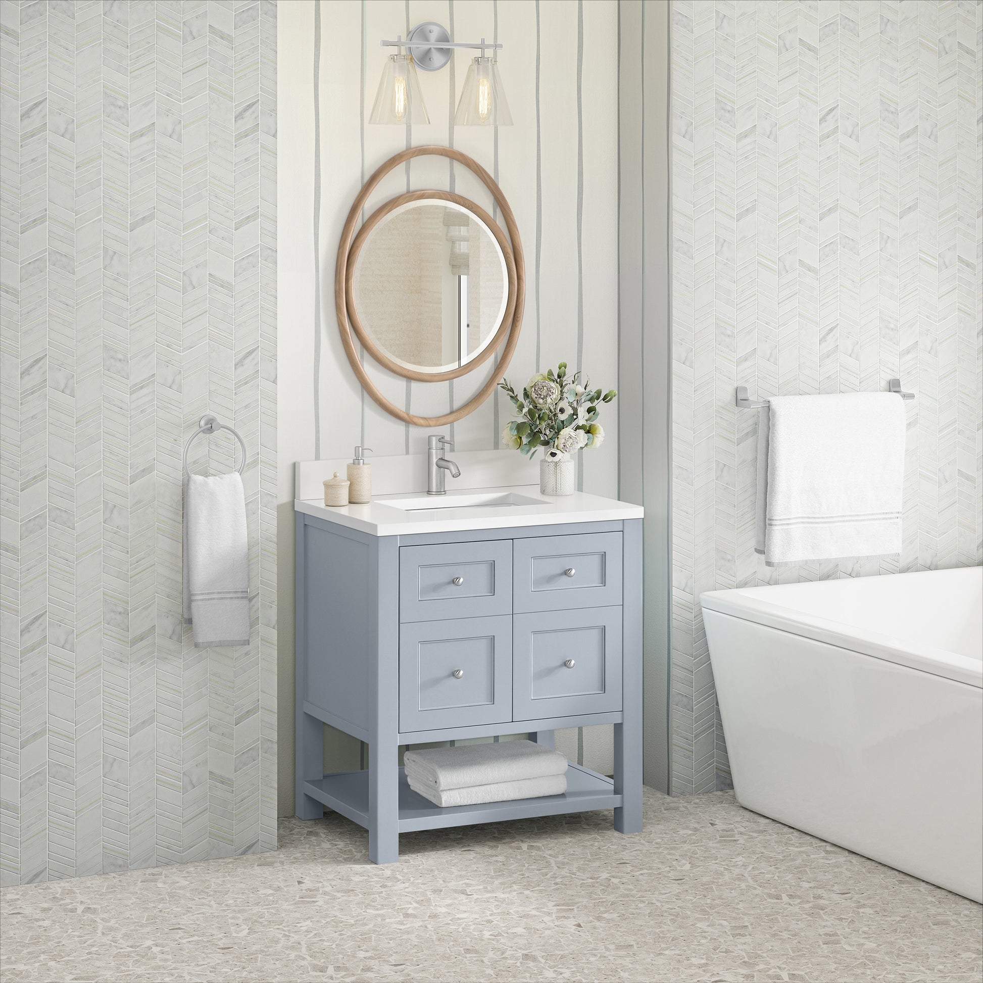 Renovate for Less Atlanta Breckenridge 30" Single Vanity, Serenity Blue, w/ Single Hole 3 CM White Zeus Quartz Top & Backsplash