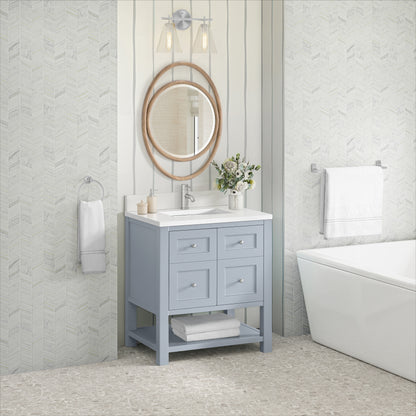 Renovate for Less Atlanta Breckenridge 30" Single Vanity, Serenity Blue, w/ Single Hole 3 CM White Zeus Quartz Top & Backsplash