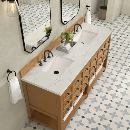 Renovate for Less Atlanta Malibu 72" Double Vanity, Amber Birch w/ 3 CM Victorian Silver Top
