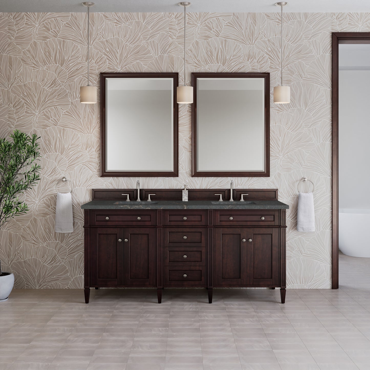 Renovate for Less Atlanta Brittany 72" Double Vanity, Burnished Mahogany w/ 3 CM Parisien Bleu Silestone Top