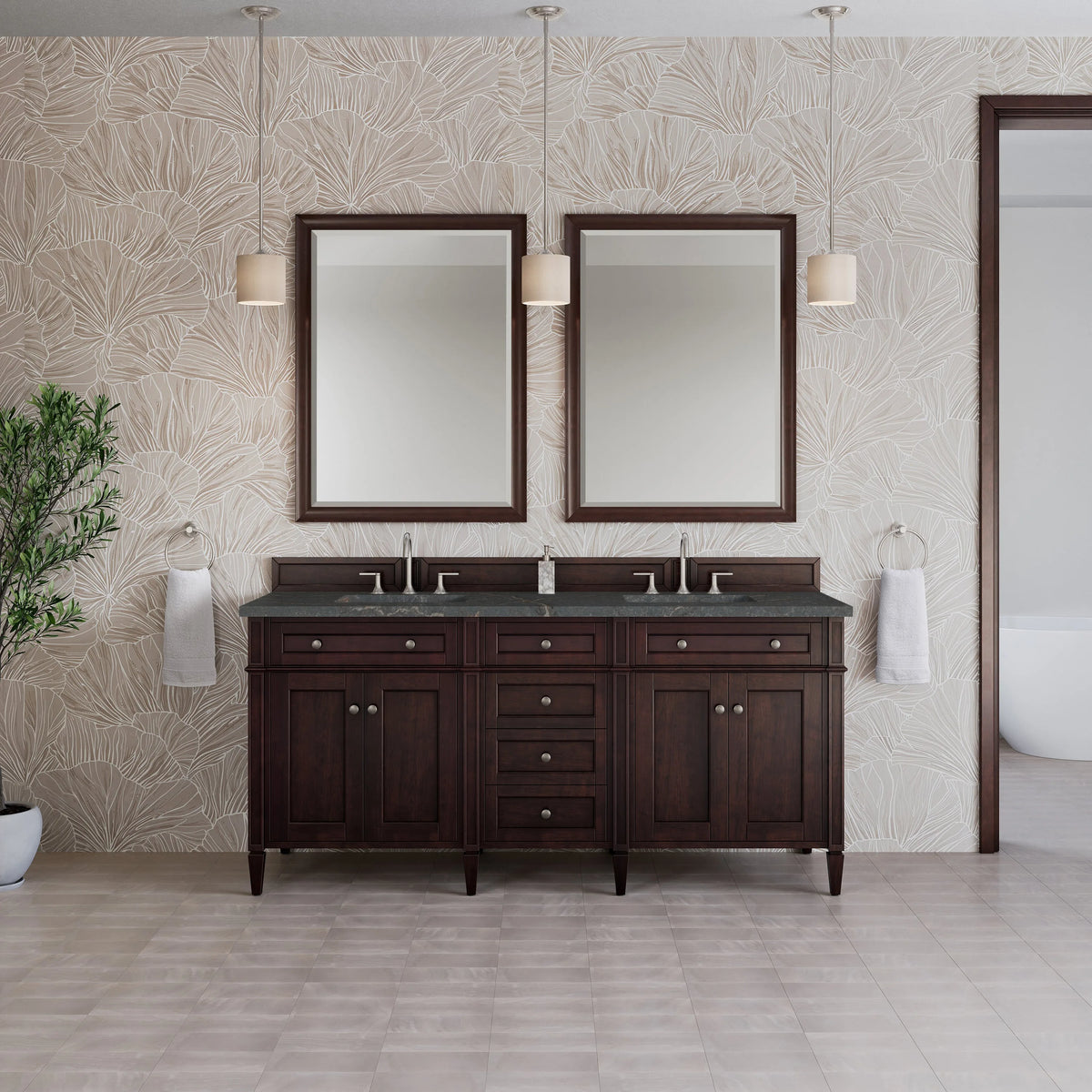 Brittany 72" Double Vanity, Burnished Mahogany w/ 3 CM Parisien Bleu Silestone Top