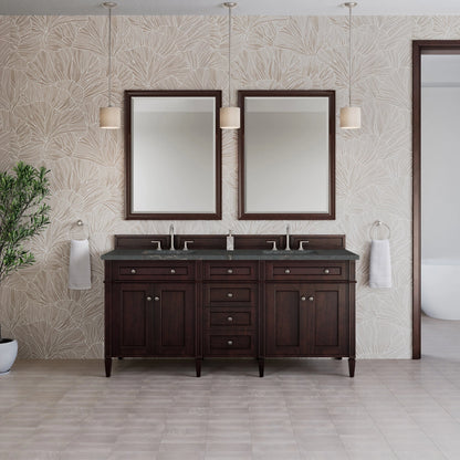 Brittany 72" Double Vanity, Burnished Mahogany w/ 3 CM Parisien Bleu Silestone Top