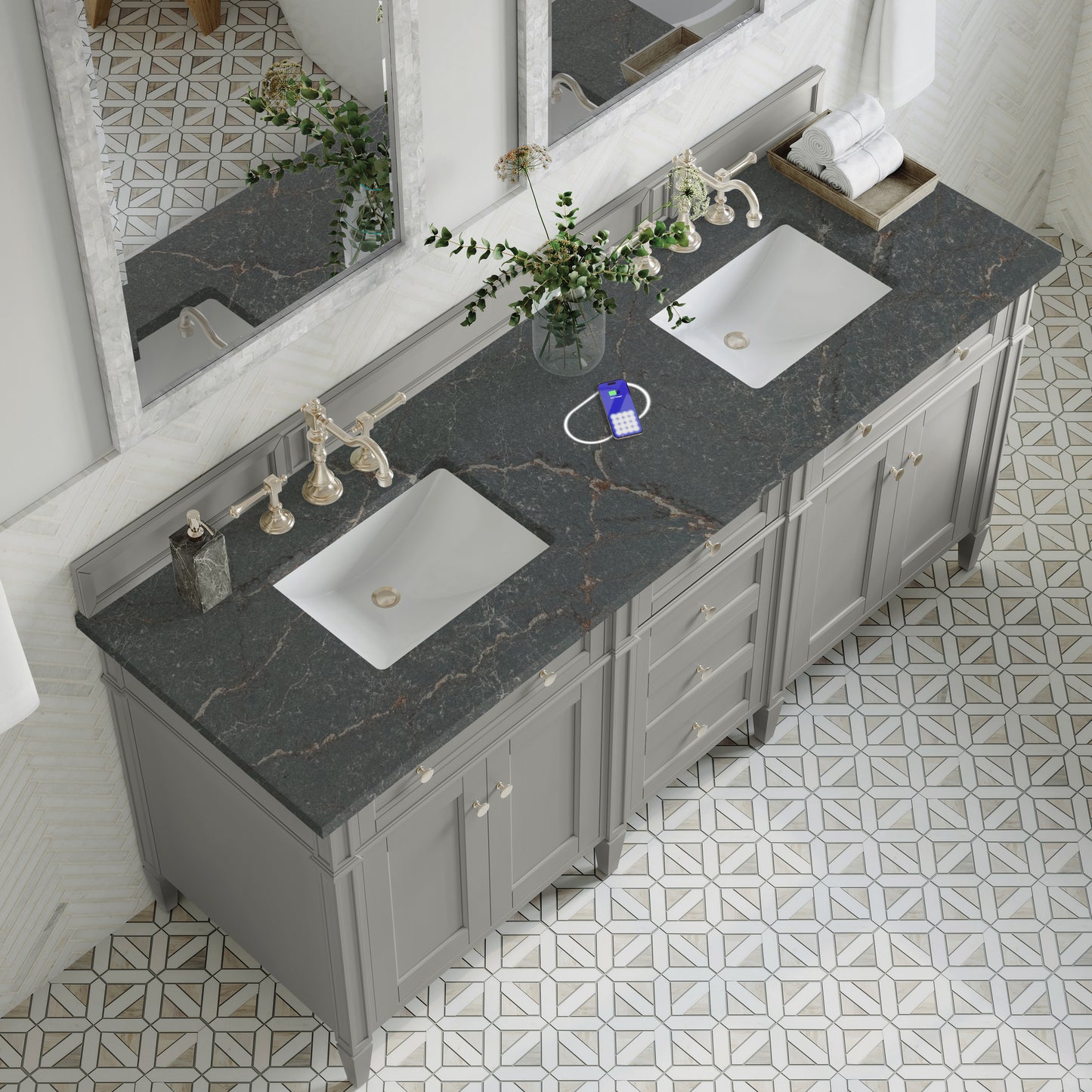 Renovate for Less Atlanta Brittany 72" Double Vanity, Urban Gray w/ 3 CM Parisien Bleu Silestone Top w/FreePower Wireless Charger
