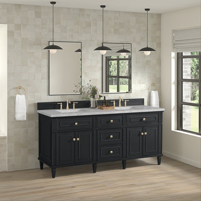 Renovate for Less Atlanta Lorelai 72" Double Vanity, Black Onyx w/ 3 CM Victorian Silver Silestone Top w/FreePower Wireless Charger