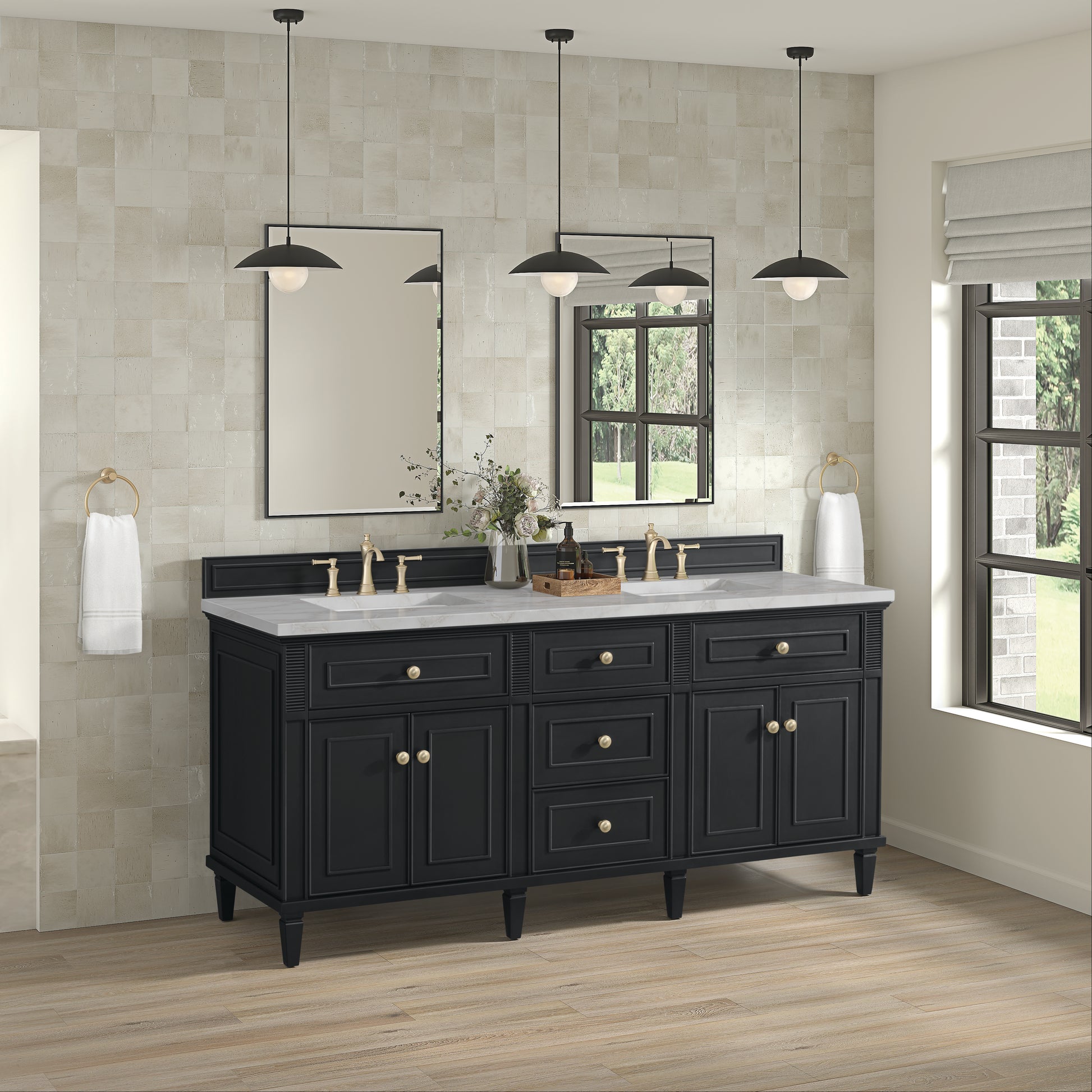 Renovate for Less Atlanta Lorelai 72" Double Vanity, Black Onyx w/ 3 CM Victorian Silver Silestone Top