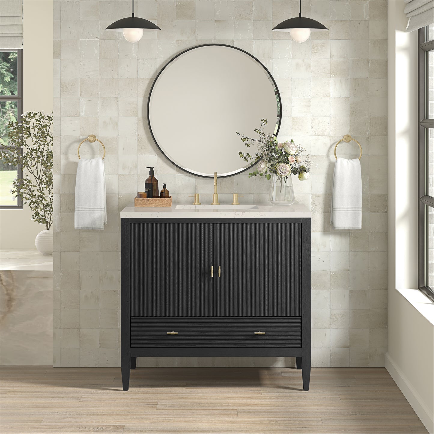Renovate for Less Atlanta Myrrin 36" Vanity, Carbon Oak, w/ 3 CM Siberian Silestone Top