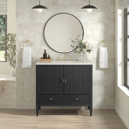 Renovate for Less Atlanta Myrrin 36" Vanity, Carbon Oak, w/ 3 CM Siberian Silestone Top