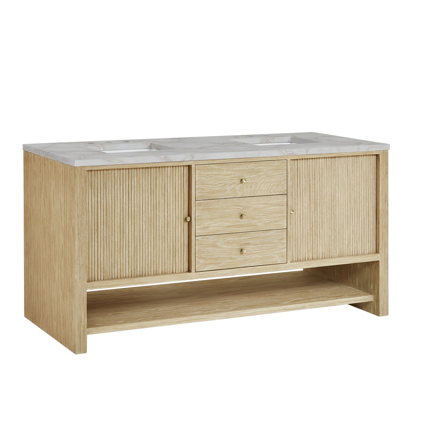 Renovate for Less Atlanta Marigot 72" Double Vanity, Sunwashed Oak w/ 3 CM Victorian Silver Silestone Top w/ FreePower Wireless Charger
