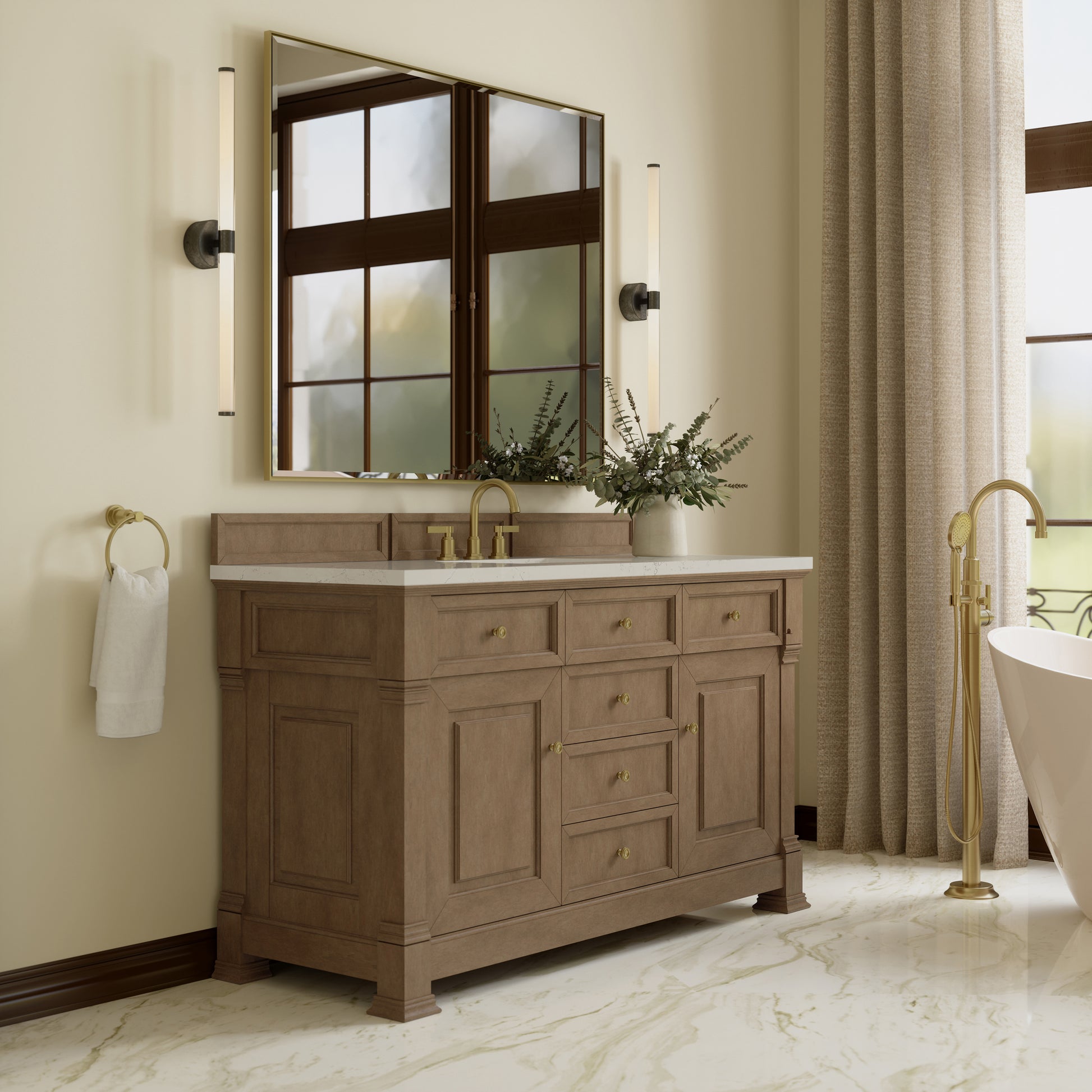 Renovate for Less Atlanta Brookfield 60" Single Vanity, Pecan, w/ 3 CM Siberian Silestone Top w/FreePower Wireless Charger