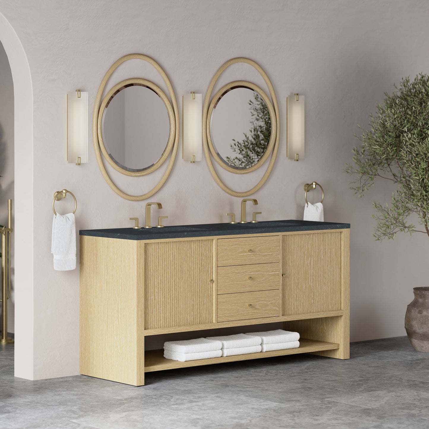 Renovate for Less Atlanta Marigot 72" Double Vanity, Sunwashed Oak w/ 3 CM Charcoal Soapstone Silestone Top
