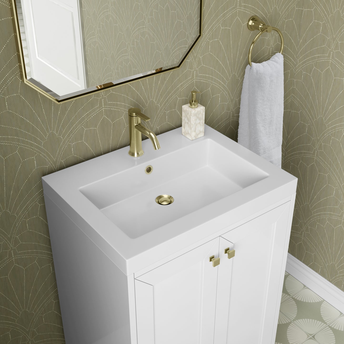 Renovate for Less Atlanta Chianti 24" Single Vanity, Glossy White, Champagne Brass, w/ White Glossy Composite Stone Top